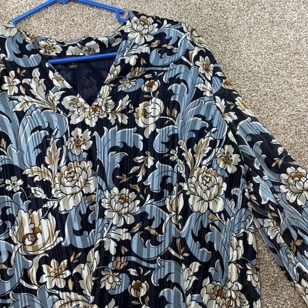 Ann Taylor Factory Blue Floral Metallic Stripe V-Neck Blouse Womens M Office